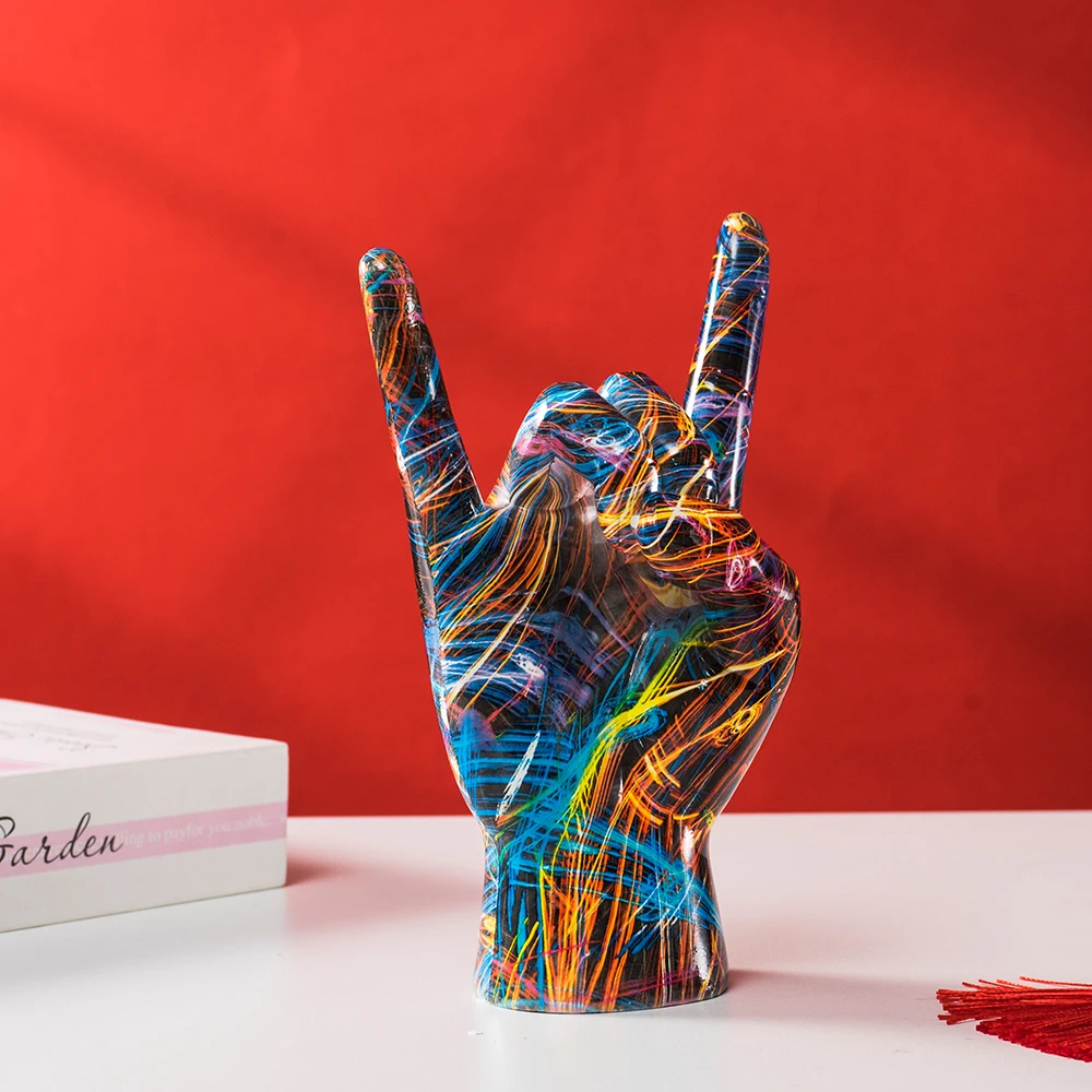 

Graffiti Rock Hand Gesture Sculpture Water-Transfer Printing Resin Ornament Home Decoration Craft for Bedroom Desktop Entryway