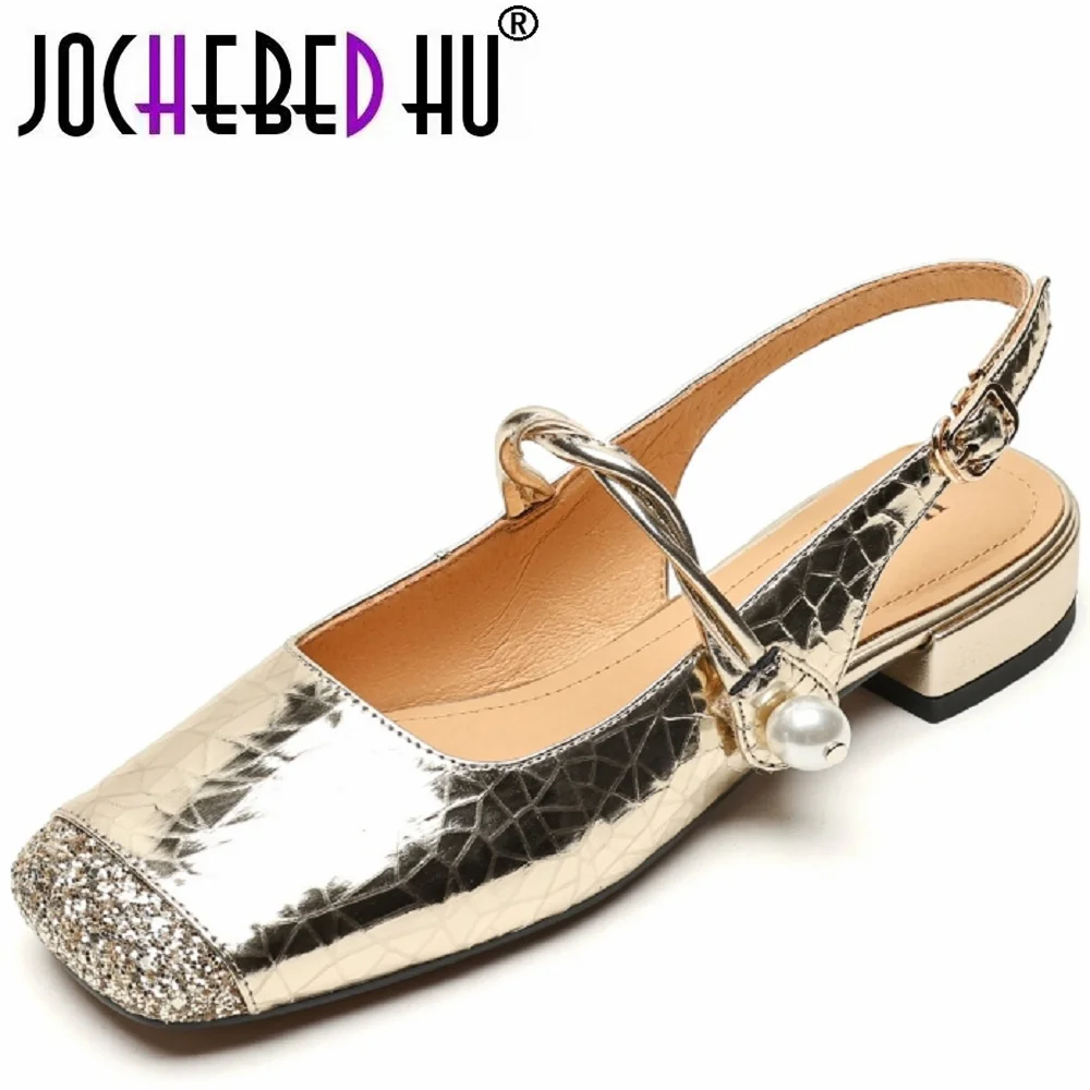 【JOCHEBED HU】Concise Women Flats Spring Summer Square Toe Genuine Leather Buckle Strap Casual Office Working Comfortable Shoes