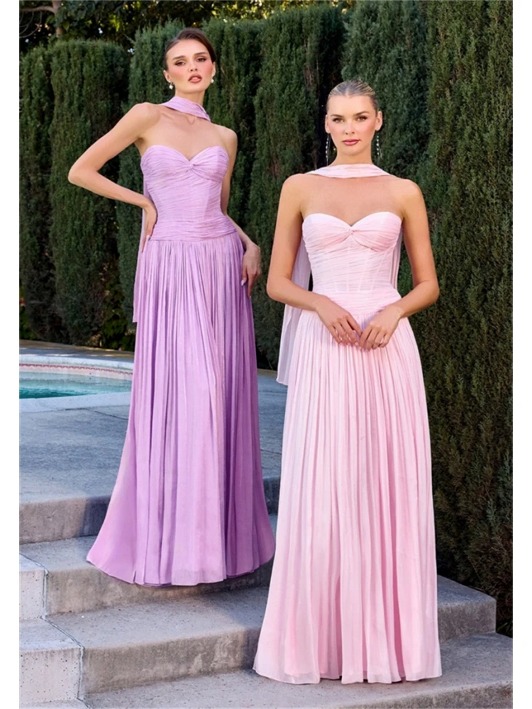 2PCS Elegant Strapless Bridesmaid Dress Ruched Bodice Pleated Chiffon Formal Evening Gown Scarf A-Line Skirt Wedding Guest Party