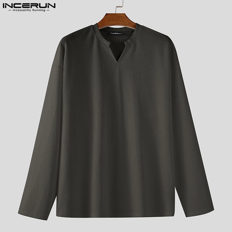 INCERUN الرجال تي شيرت بلون الخامس الرقبة طويلة الأكمام ربيع الخريف الذكور المحملة القمم الشارع الشهير فضفاض الكورية نمط ملابس الرجال غير رسمية