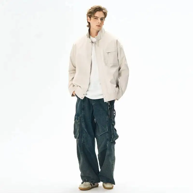 

Men's Stand Collar Jacket 2025 Autumn Coat Loose Casual Solid Color Design Jacket Coat Trendy Waterproof Outerwear