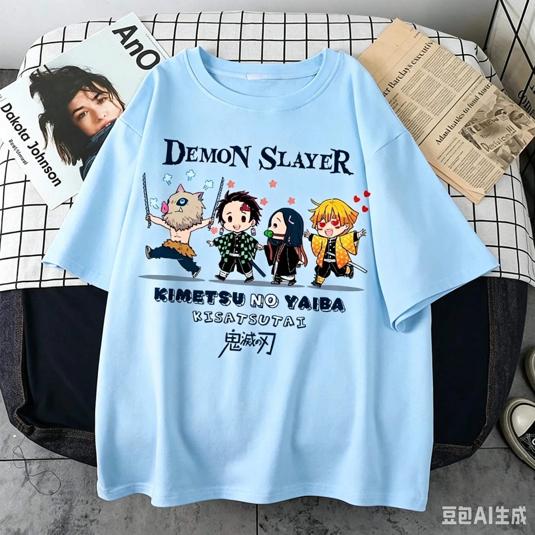 Übergrößes Demon Slayer Sommer Anime Bedrucktes T-Shirt für Männer und Frauen, Lässiges Eltern-Kind-Oberteil, Modische Streetwear im Harajuku-Stil Y2K