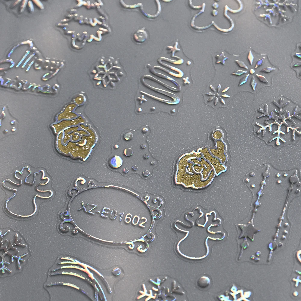 12개입 3D 레이저 실버 크리스마스 네일 아트 스티커 Y2K 크리스마스 트리 눈송이 산타 엘크 눈사람 네일 데칼 새해 네일 장식