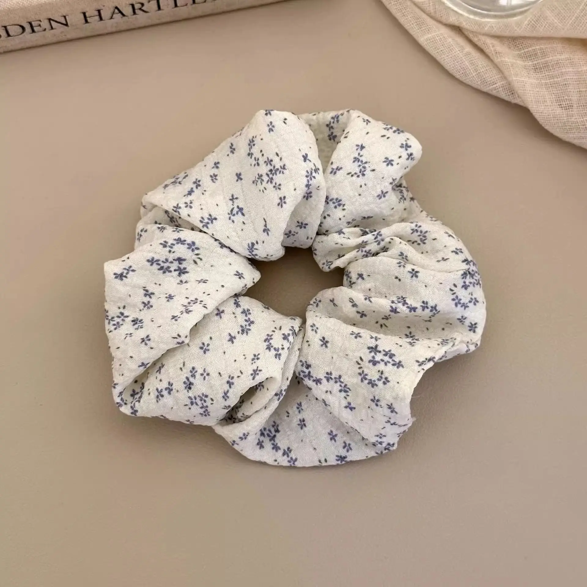 Summer Sea Floral Large Scrunchies For Women Young Girls Hair Ties Ropes High Elastic Rubber Kawaii Blue Ribbon Ponytail Holder