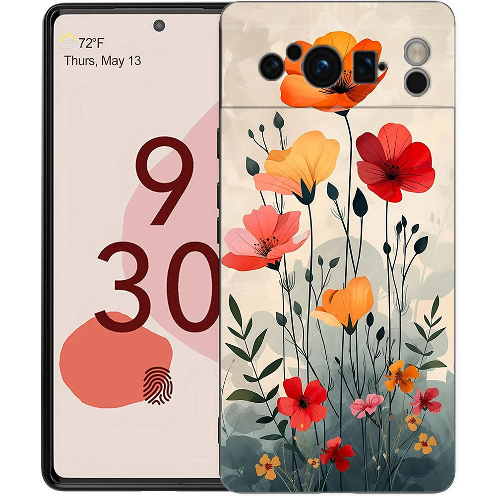 حافظة هاتف أنيقة على شكل زهرة لهاتف جوجل بيكسل 10 9 8 7 6 Pro XL 9A 8A 6A 7A 5G غطاء أسود ناعم مقاوم للصدمات من البولي يوريثان