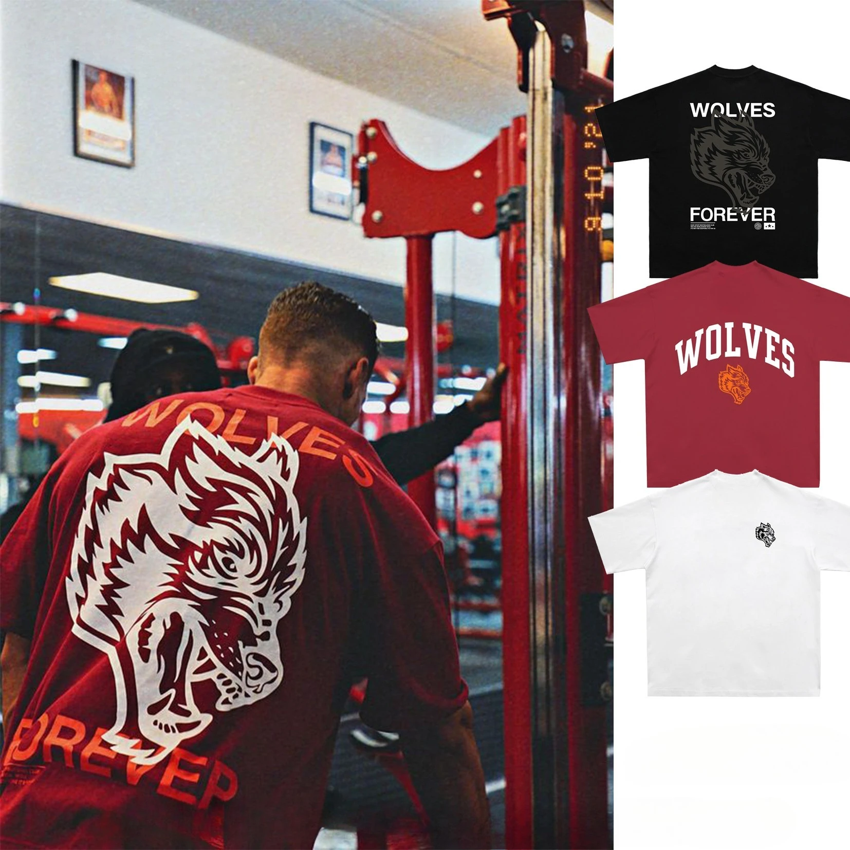 New GYM Flame-shaped Wolf Head Loose Fitness Iron Lifting T-shirt Short Sleeve Cotton Heavy Shoulder Sports Men and Women Summer