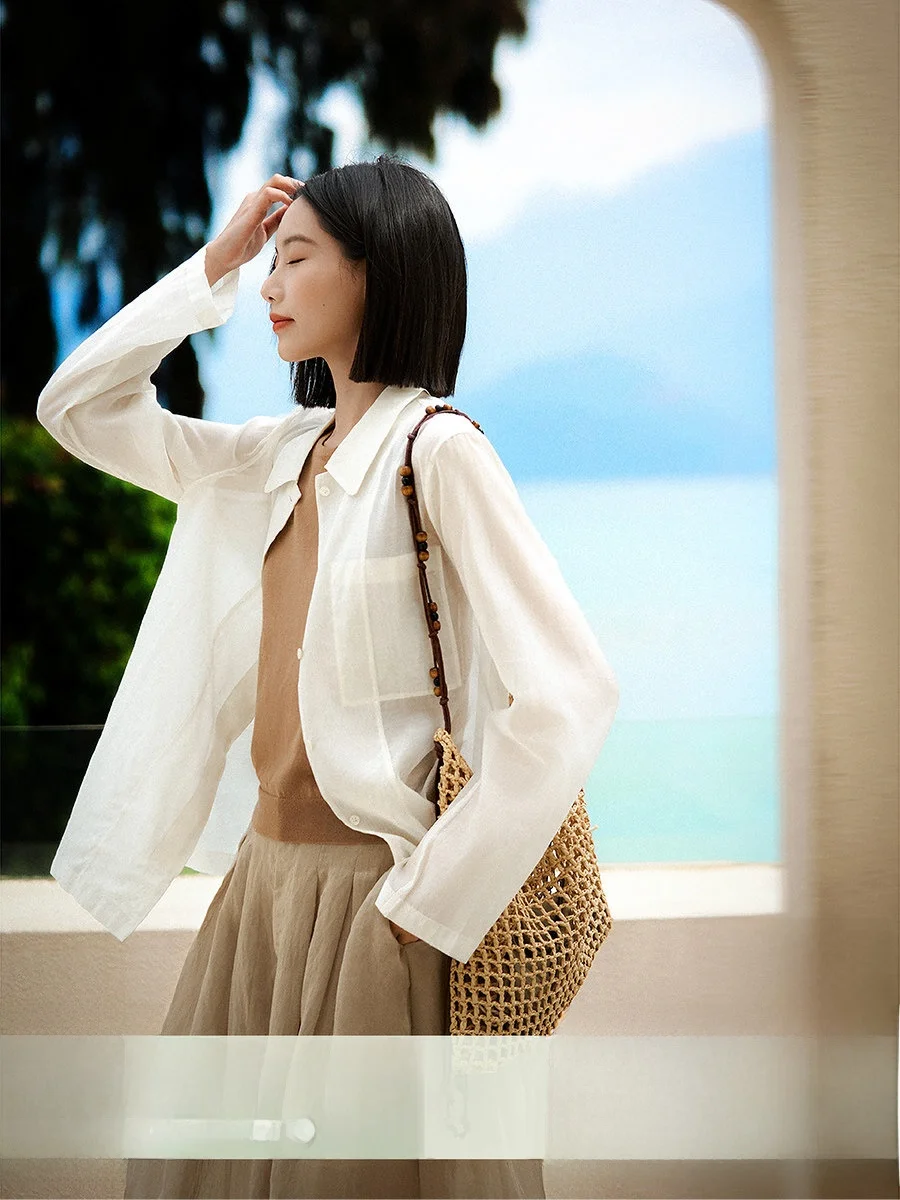

Xiao Han Ge White Moonlight Black Swan Chiffon Series Silk Cotton Simple Style Commute Shirt Women's Spring Long Sleeve Casua...