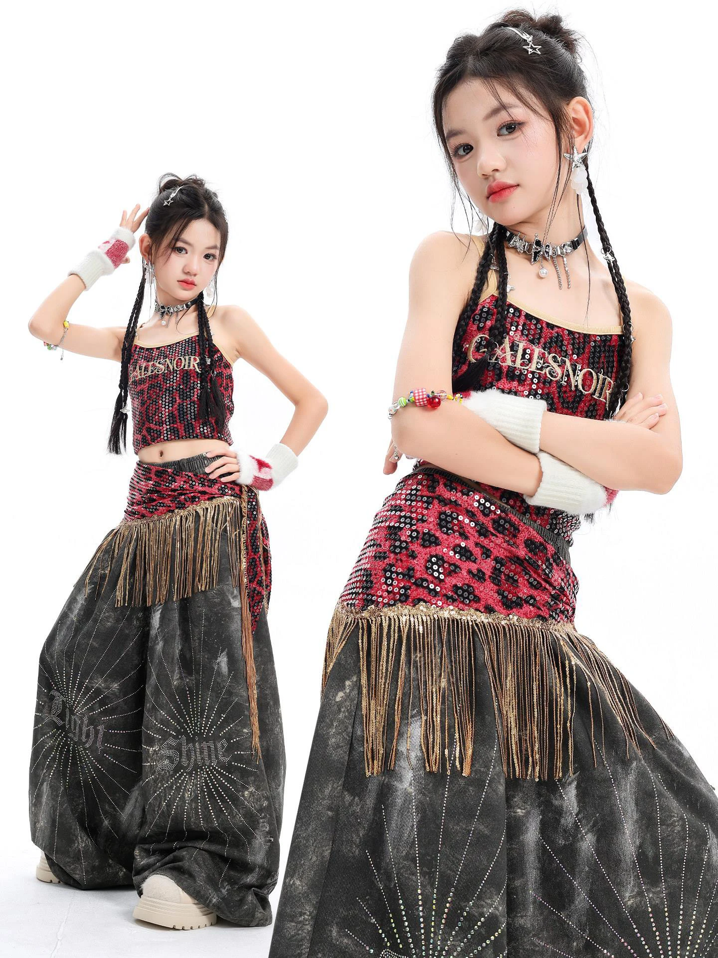 Kids Hip Hop Dance Costume Kpop Style Leopard Tops Baggy Pants Fashion Y2K Clothing Girls Jazz Dance Performance Suit BL19695