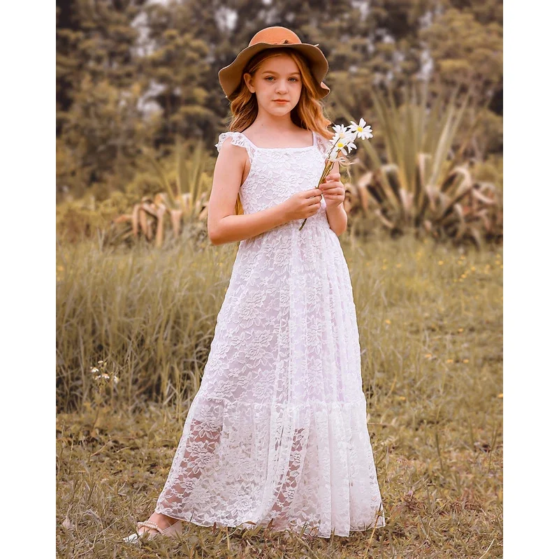 فستان دانتيل أبيض بوهيمي للأطفال ، زهرة فتاة ، فساتين طويلة للمراهقات ، ملابس أنيقة ، حفل زفاف ، طفل ، 3 سنوات ، 4 سنوات ، 6 سنوات ، 8 سنوات ، 10 سنوات ، 12 سنة