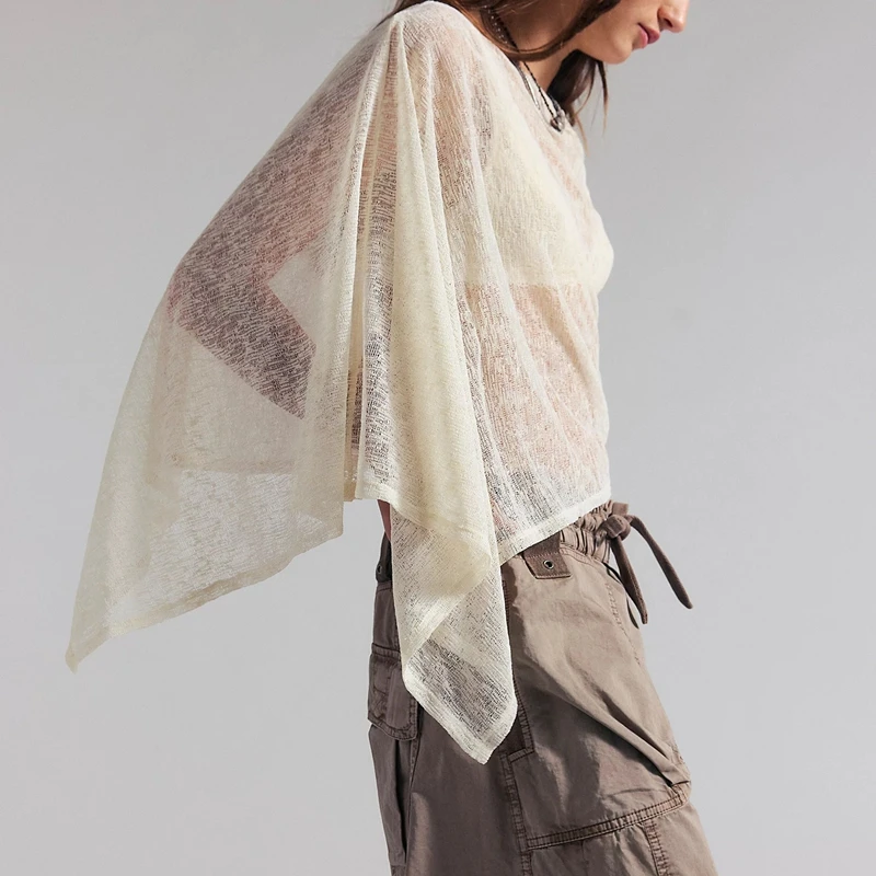 Women's Sheer See-through Flowy Ponchos Blouse Irregular Hem Boat Neck Loose Fit Crop Cover Ups for Casual Beach Wear