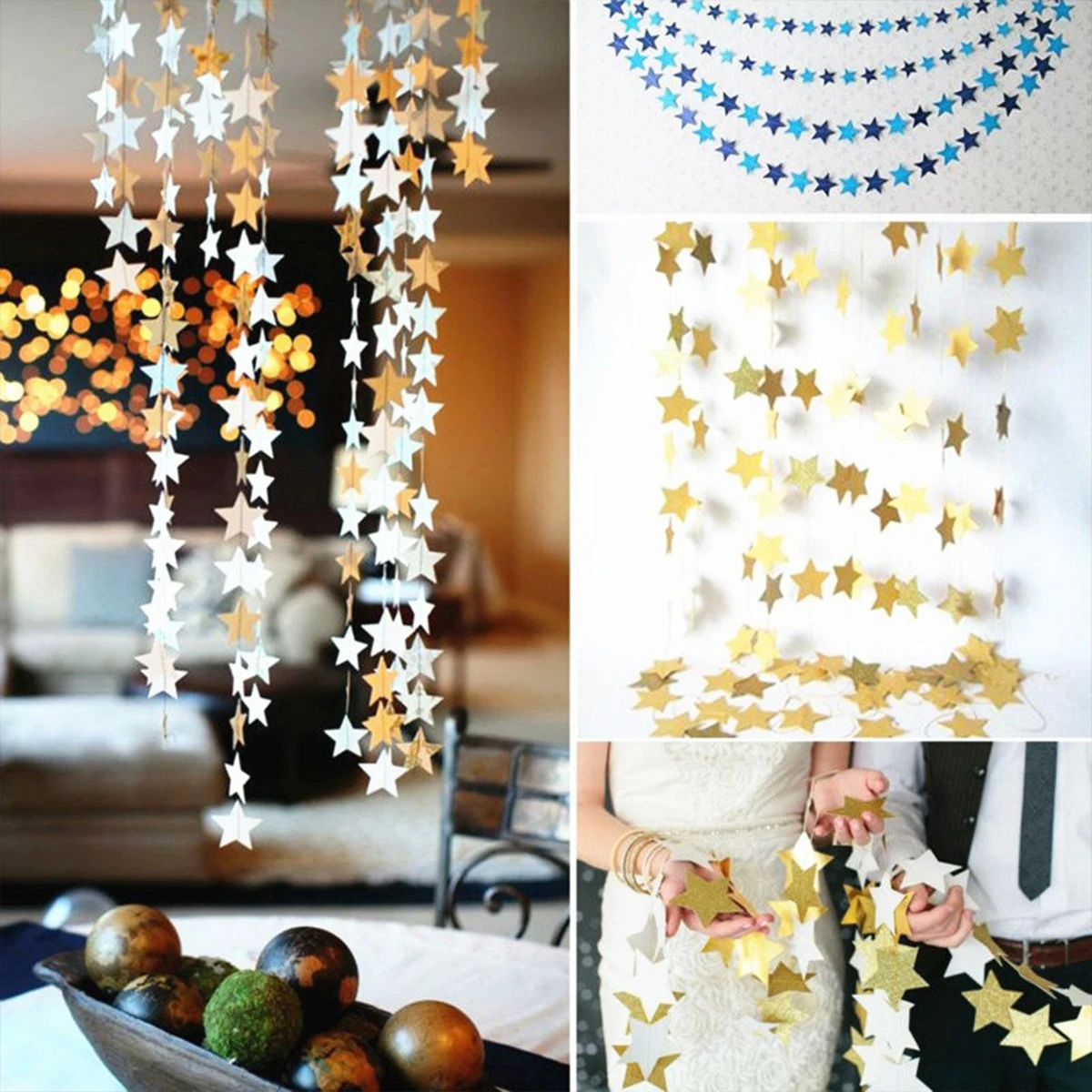 Wall Hanging Color Paper Star Garlands Birthday String Chain Wedding Party Banner Handmade Children Room Home Decor 4M