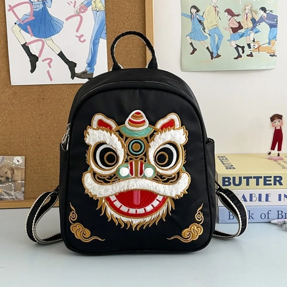 Vintage Lion Doll Backpack Chinese Style Lion Dance Pattern School Bag Large Capacity Under 20L Student Backpack