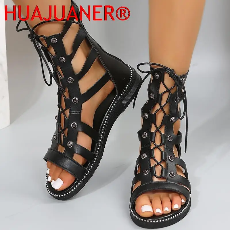 HUAJUANER Fashion Cross Strap Summer Boots Women 2024 Open Toe Hollow Out Gladiator Shoes Woman Back Zipper Cool Boots Ladies