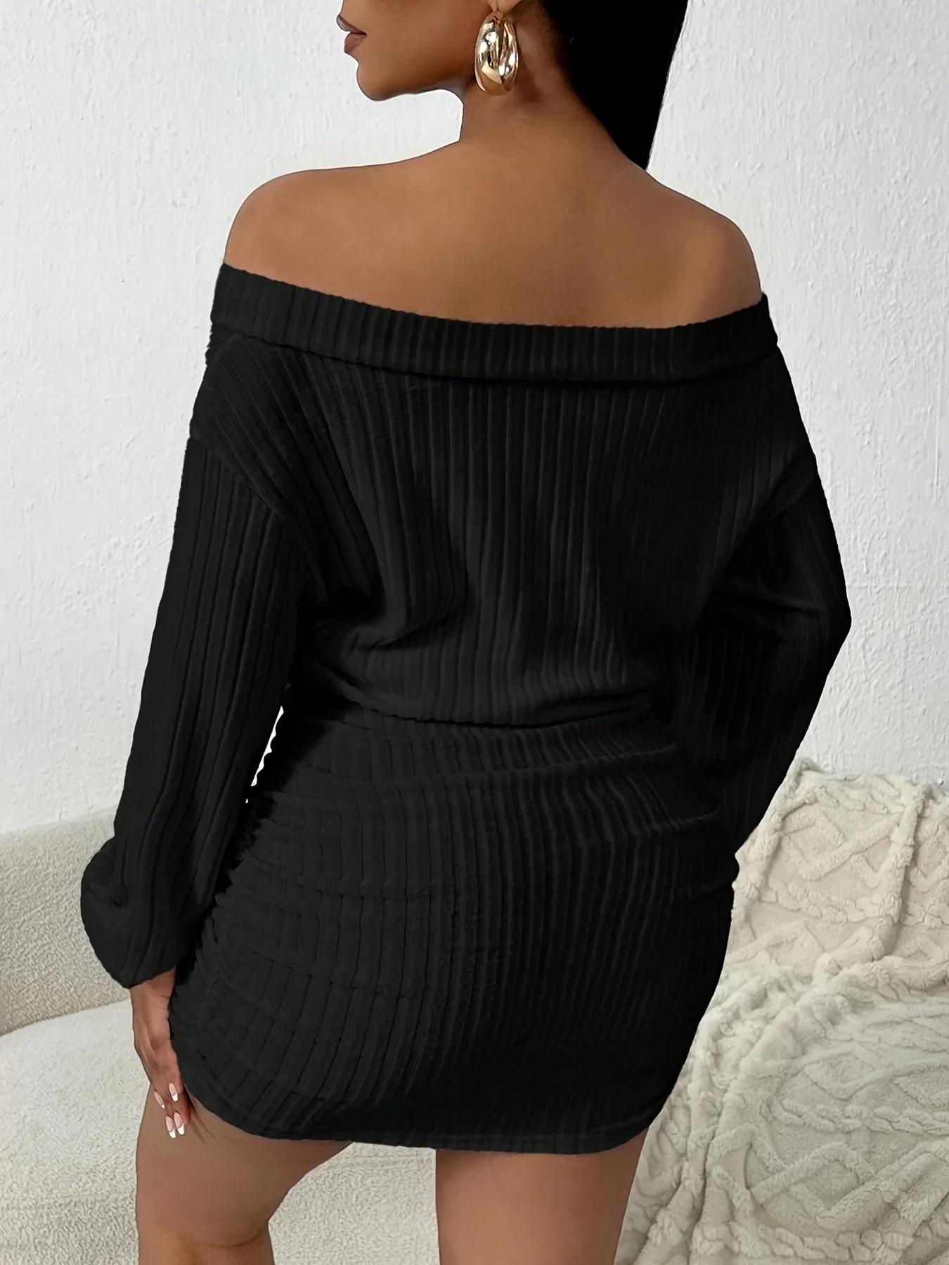 One-Shoulder Puffy Solid Color Casual Multi-Functional Long-Sleeved Knitted Dress - view 2