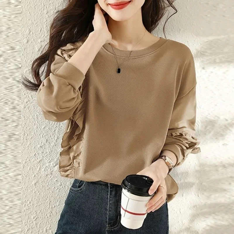 

New Autumn/Winter Fashion Trend Design Sense Ruffle Edge Panel Round Neck Versatile Western Style Slim Long Sleeve Sweater E3056