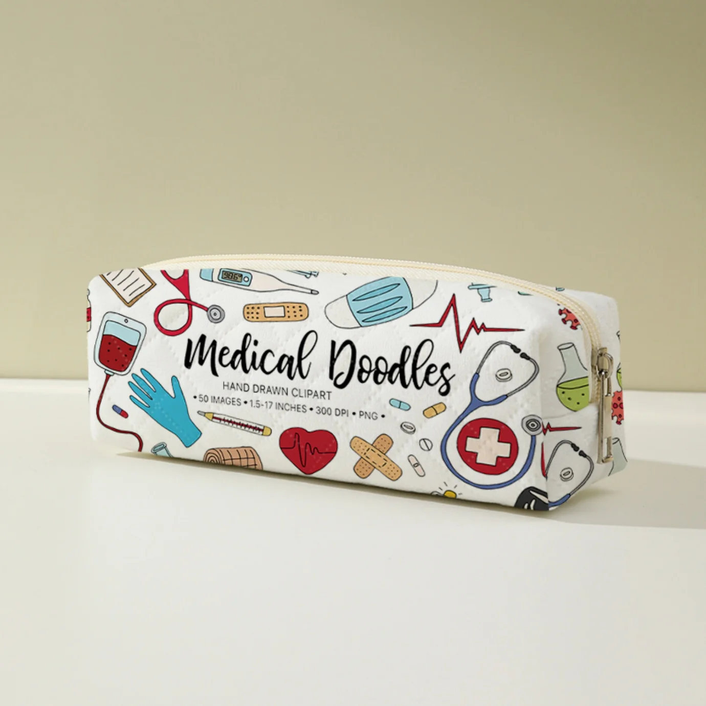 Medical Doodle Print Pencil Case Large Capacity Zipper Stationery Bag, Portable Pouch for Students School Daily Use