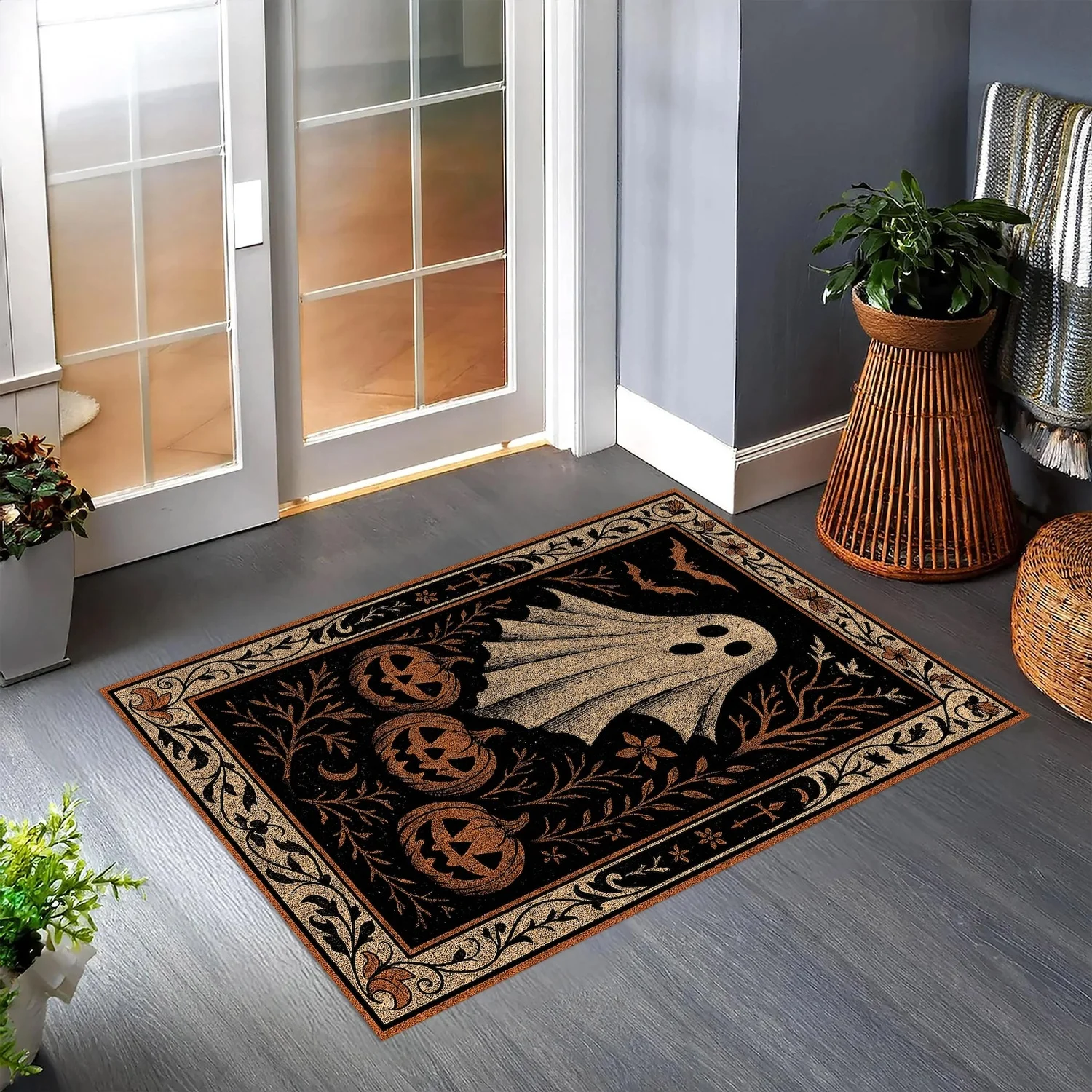 Halloween Ghost Rug – Vintage Pumpkin and Ghost Rug, Spooky Fall Decorative Rug, Rustic Orange and Black Area Mat, Cute Haunted Holiday Floor Decoration.