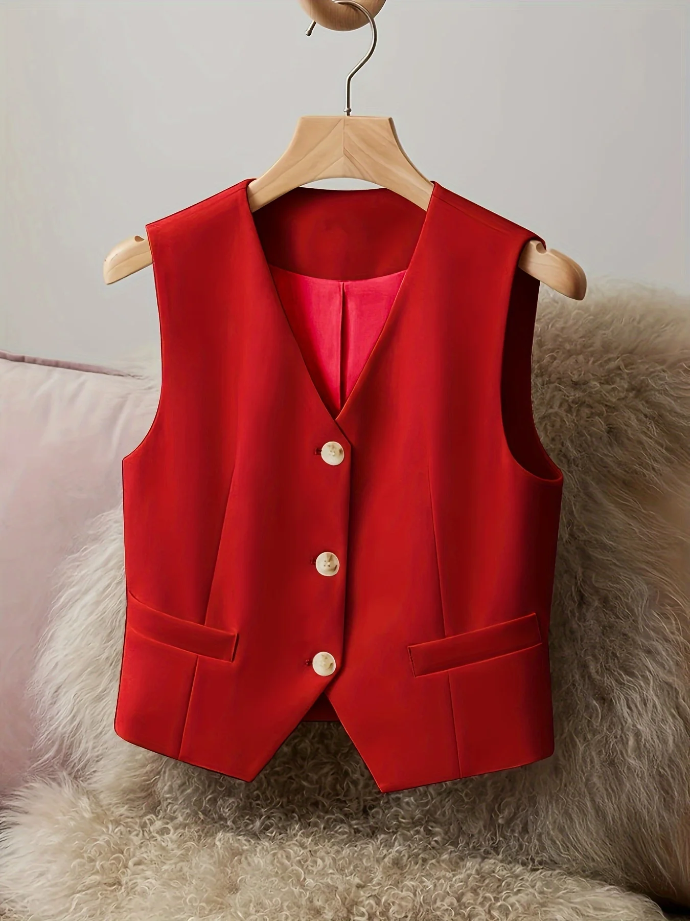 

Elegant Women's Red Tailored Vest V-Neck Button-Front Sleeveless Waistcoat for Office & Casual Wear for Layering Spring And Summ