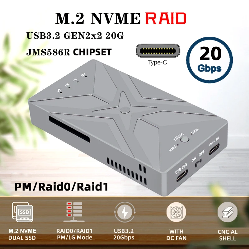 Imagem -05 - Chenyang com Ventilador Raid0 Hyper Adaptador Duplo Nvme a Usb-c Raid0 Gabinete Raid0 Raid1 Jbod Grande Gabinete Nvme M.2 Ngff M-chave