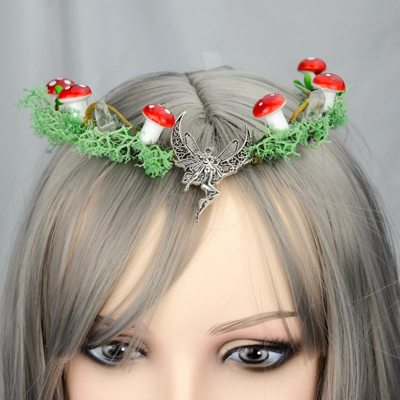 Fairy Mushroom Moss crown Tiara Halloween Forest Hair Wreath Woodland Hairband Wedding Crown Elf Crown