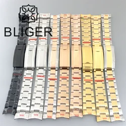 BLIGER 20mm Oysters Watch Braclete 904L Solid Stainless Steel Folding Buckle Glide Lock Mens Strap Suitable for 40mm41mm Case