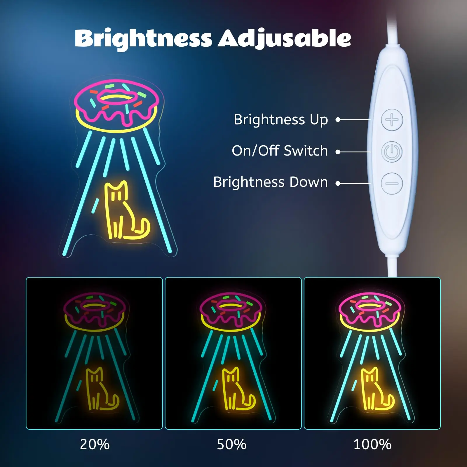 독점 네온 고양이 우주선 LED 사인 - 조광 가능한 패널 디자인 |   도넛 & UFO 요소 |   디저트 가게용 USB 전원 벽 장식