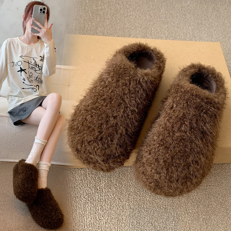 

Fleece Thermal Platform Heightened Hair Semi-slippers Women's 2025 Autumn New All-match Baotou Cotton Mopping
