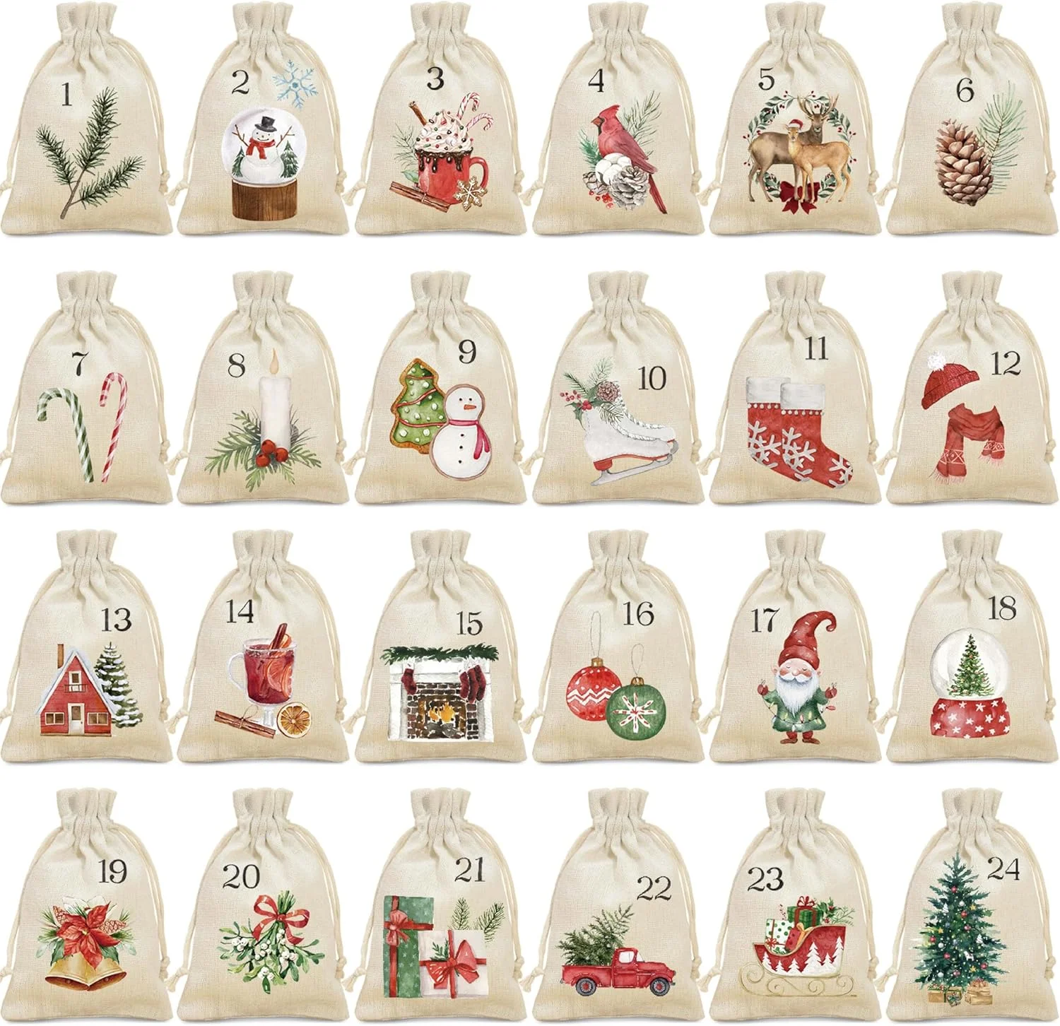 

24pcs Advent Calendar Candy Gift Present Bags Christmas Tree Ornament Countdown Home Wall Hanging Decoration Party Supplies