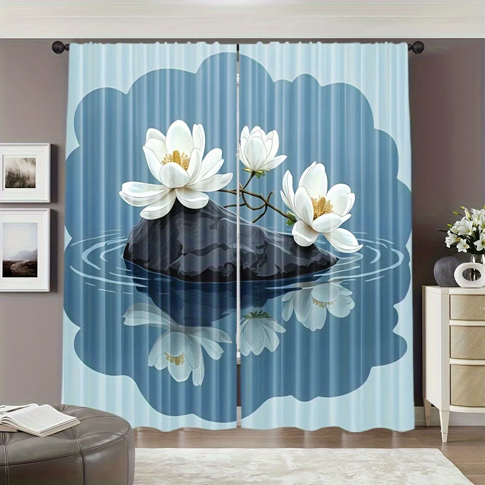 2pc White magnolia and cloud patterned curtains, made of polyester, machine washable, suitable for bedroom and living room décor