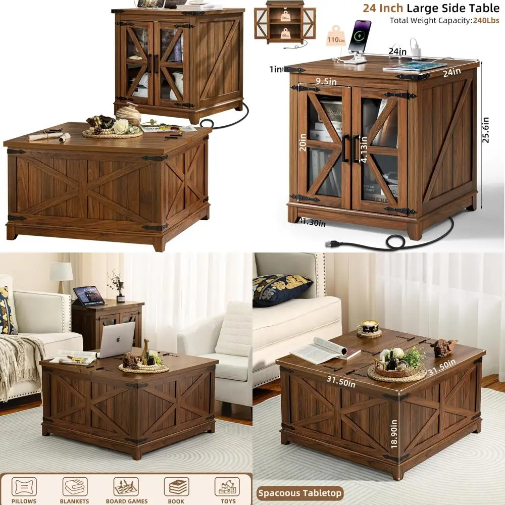 

Two-Piece Farmhouse Coffee and End Table Set with Charging Station and Hidden Storage