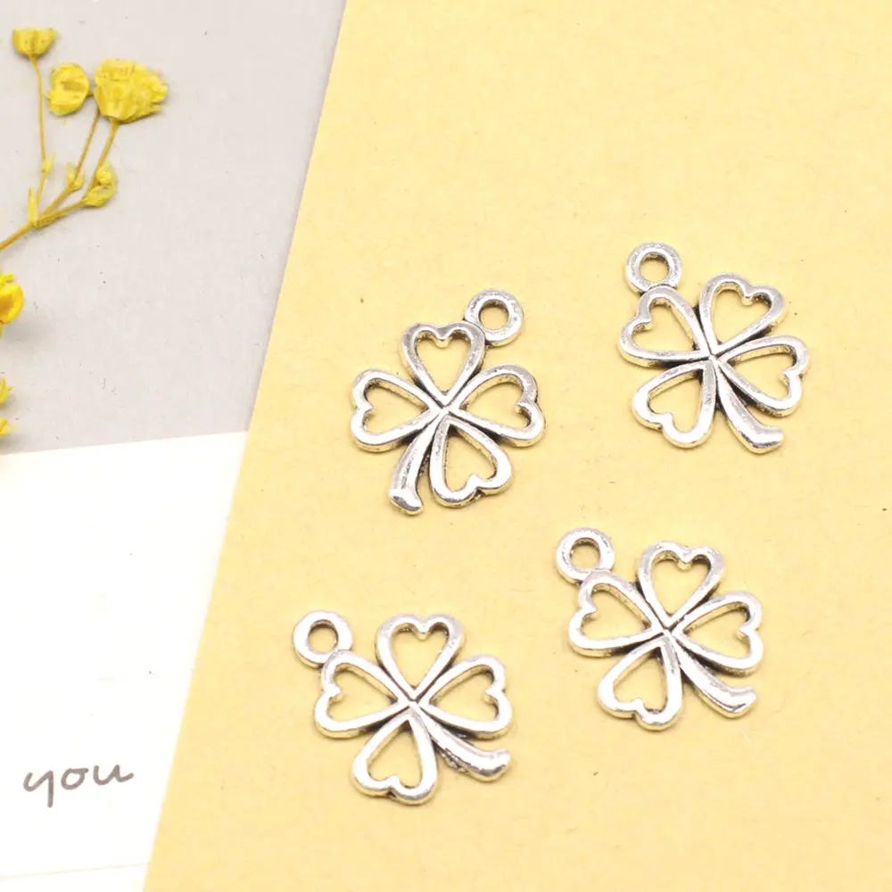 Fashion Jewellery Diy Craft Charms Four-leaf Clover Antique Silver Color Pendant Necklac 13x17mm 20pcs