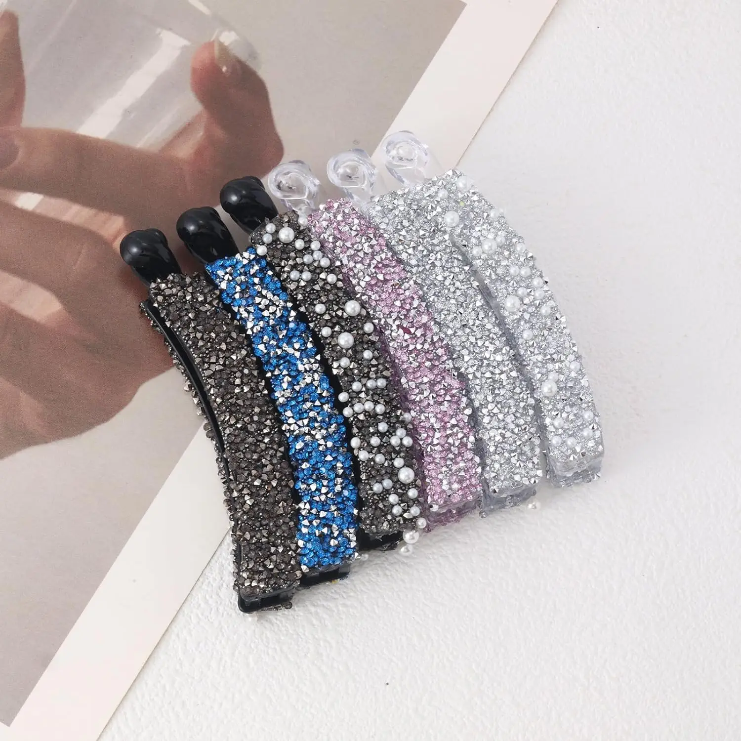 Elegant Rhinestone Banana Hairpin Fashion Imitation Pearl Crystal Hair Clips For Women Back Head Hair Accessories Headwear