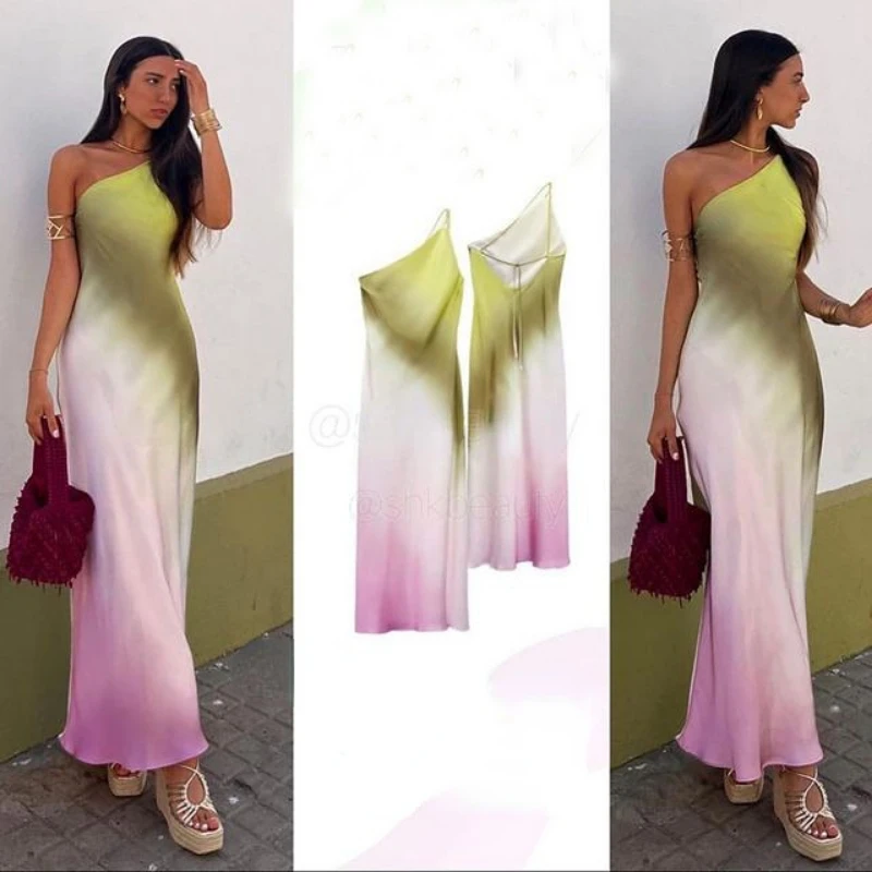 

Hanxin Tie Dye Long Dress Women Asymmertic Satin Backless Dress Woman Off Shoulder Sexy Evening Party Dresses Midi Summer Dresse