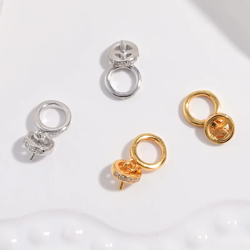 

S925 Sterling Silver Zirconia Circle Pendant with Large Eye Pin Half-Drill Bead Cup for DIY Pearl Jewelry Making