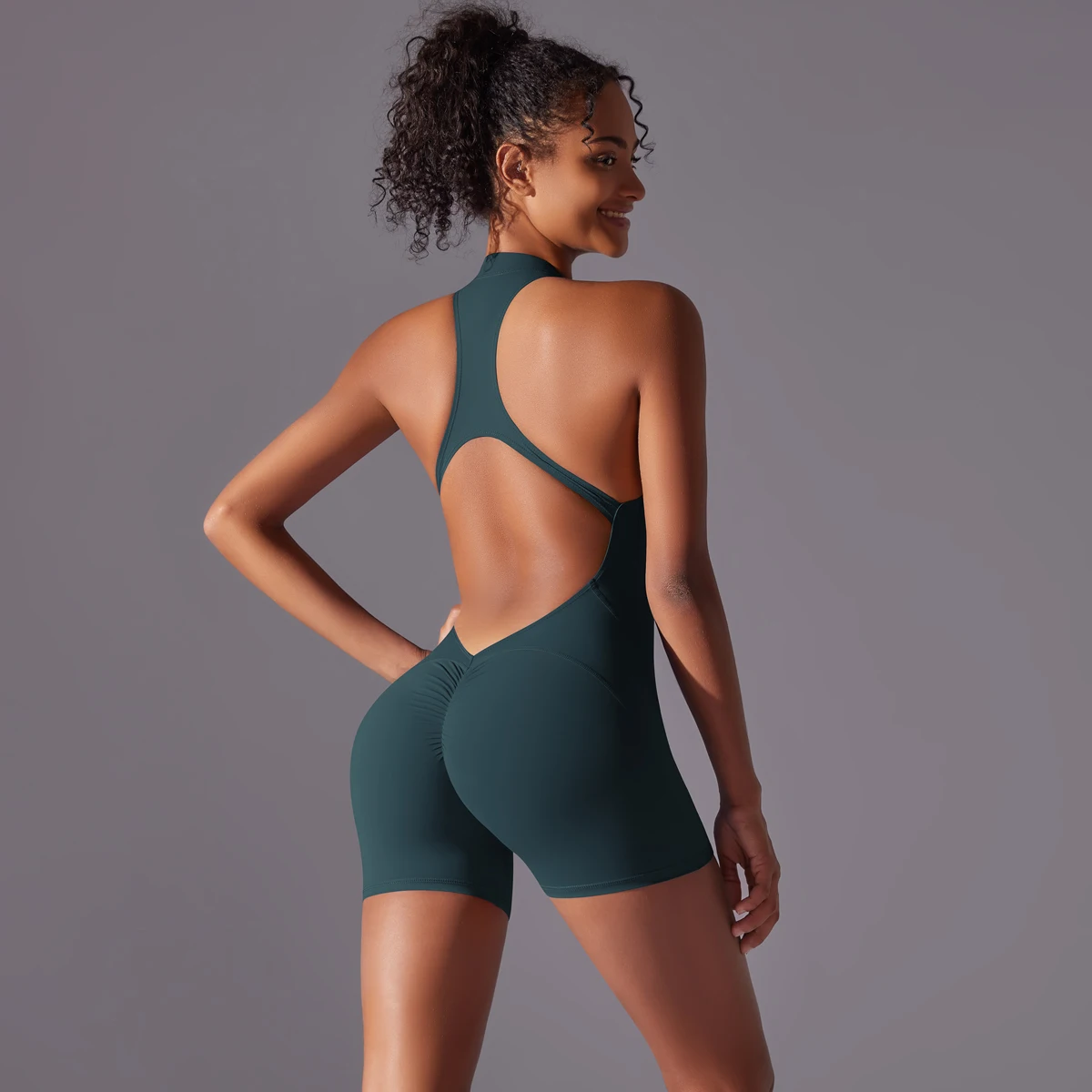Halb Zipper Frauen Bodys Gym Push Up Workout Kleidung Backless Scrunch Fitness Sport Yoga Body Ärmel Fitness Overall – Detail 35