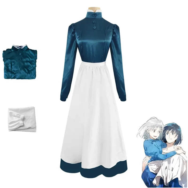 Anime Sophie Howl Howl's Moving Castle Cosplay Costume Blue Stand Collar Dress White Apron Woman Adult Halloween Carnival Suit H