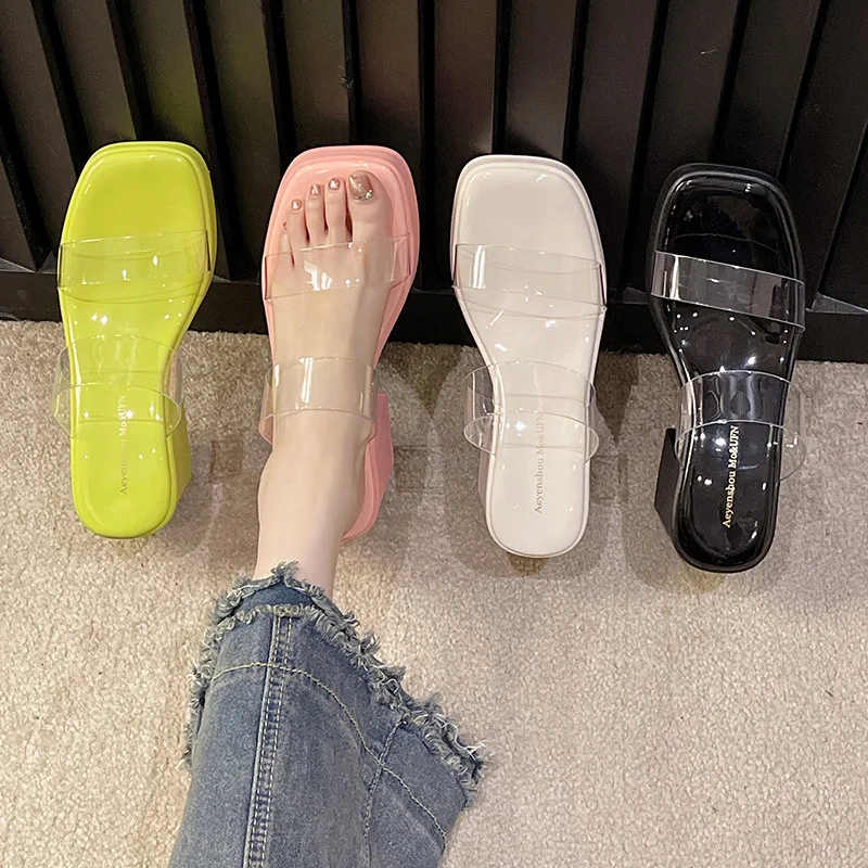 Thick Soled Thick Heeled Sandals Transparent Double Broadband Casual Slippers Large Size Sandals Women босоножки женские