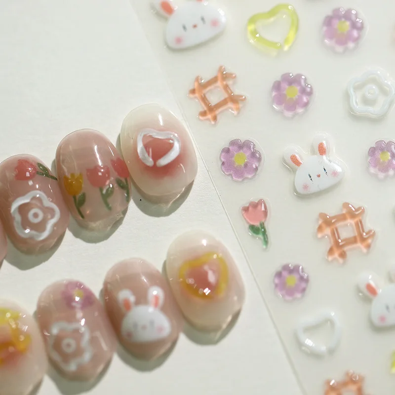 Jelly Design Cute Rabbit Flowers Cartoon 3D Self Adhesive Nail Art Stickers Lovely Panda Lion Tiger Dog Cat Pig Manicure Decals