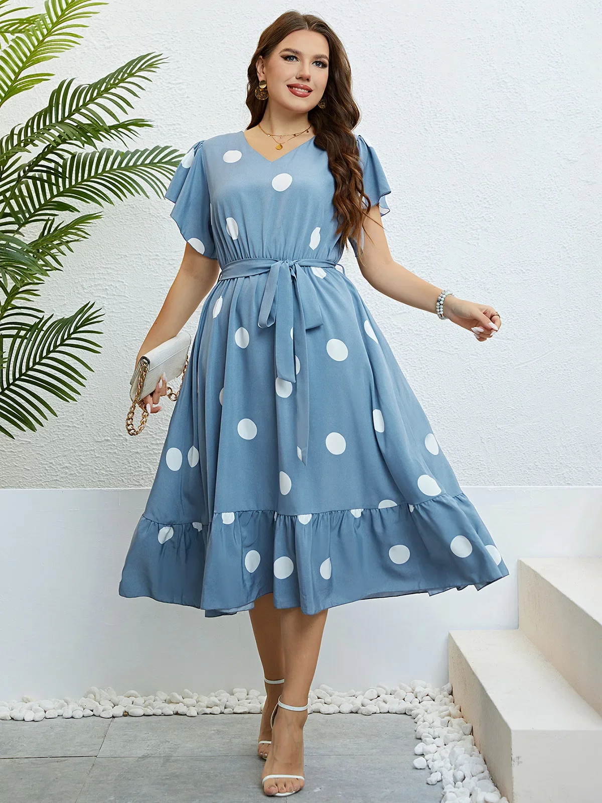 Plus Size Women Dress V Neck Ruffle Short Sleeve Dresses Drawstring Belt Blue Dot Robe Summer Casual Cocktail Gown Sundress