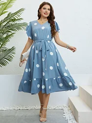 Plus Size Women Dress V Neck Ruffle Short Sleeve Dresses Drawstring Belt Blue Dot Robe Summer Casual Cocktail Gown Sundress