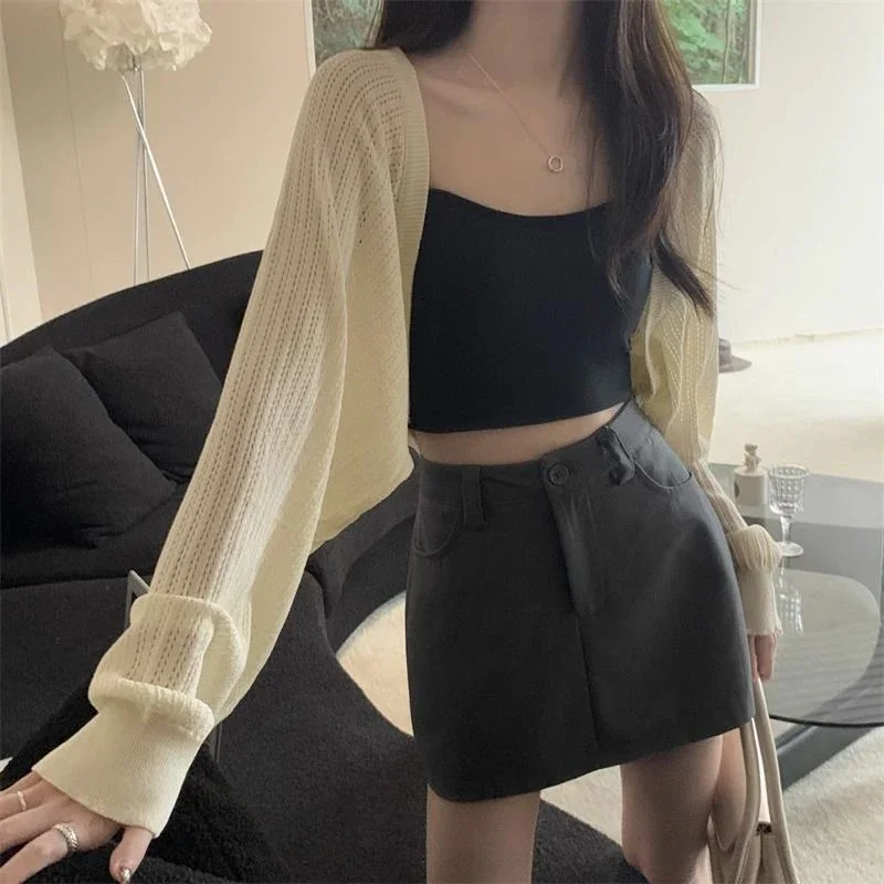 Sunscreen Crop Knit Cardigan Women Korean Style Solid Color Thin Cardigan Coat Woman Simple Long Sleeve Smock sweater Tops