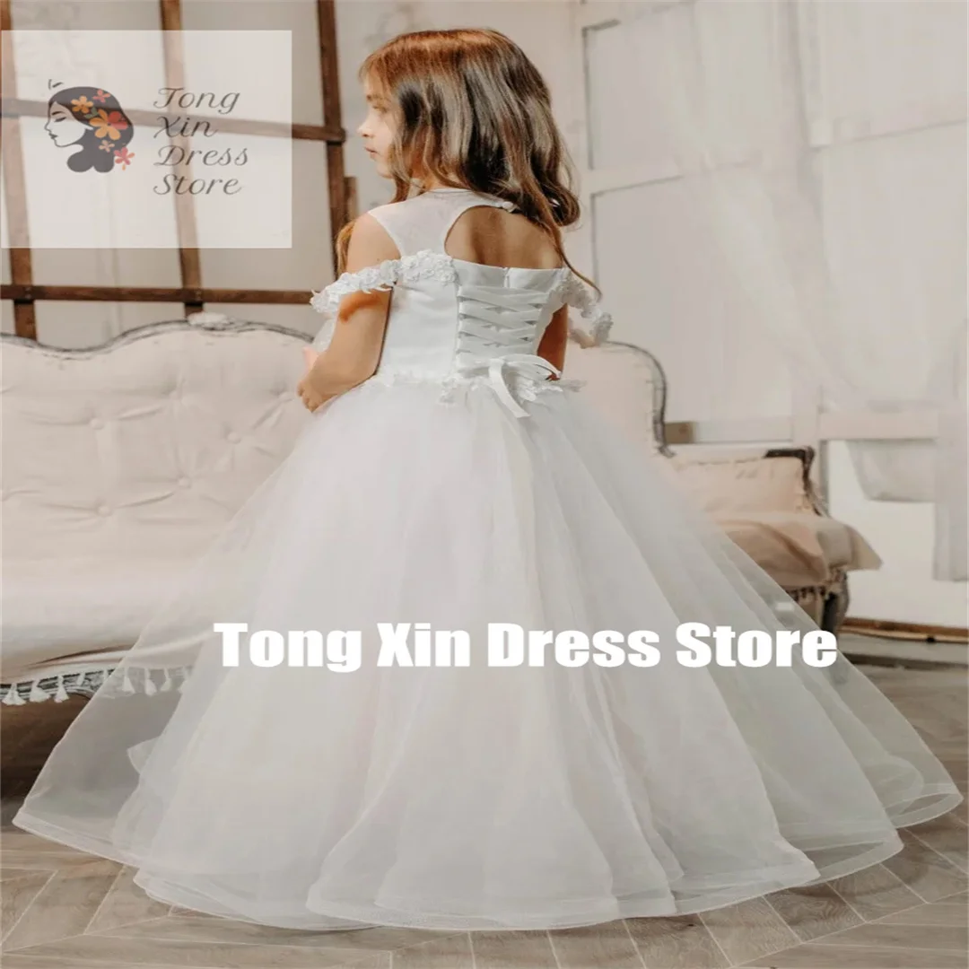 Vestidos florais personalizados para meninas, tule branco, apliques inchados, manga curta, para casamento, aniversário, banquete, vestidos de comunhão sagrada