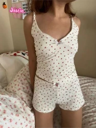 Rose Printed Bow Sweet Camis + Shorts Two Piece Set Home Underwear Cute Chic Lace Trim Tank Vest And Tight Shorts Set Pajamas