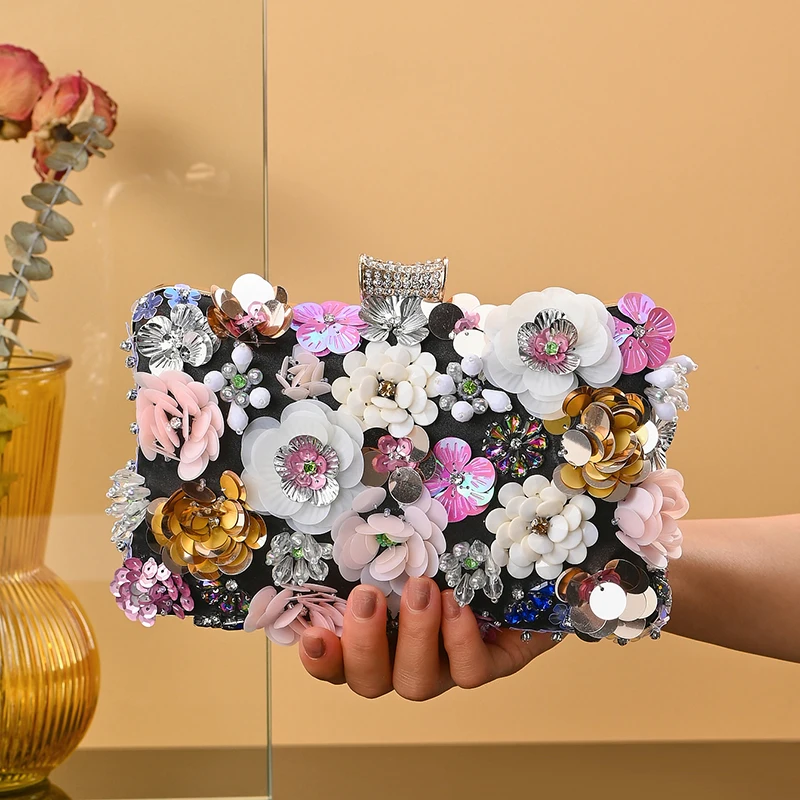 Flower Evening Metal Handle Evening Bag Bridal Wedding Purse Chain Rhinestone Glitter Clutch Bag Party Prom Handbag For Women