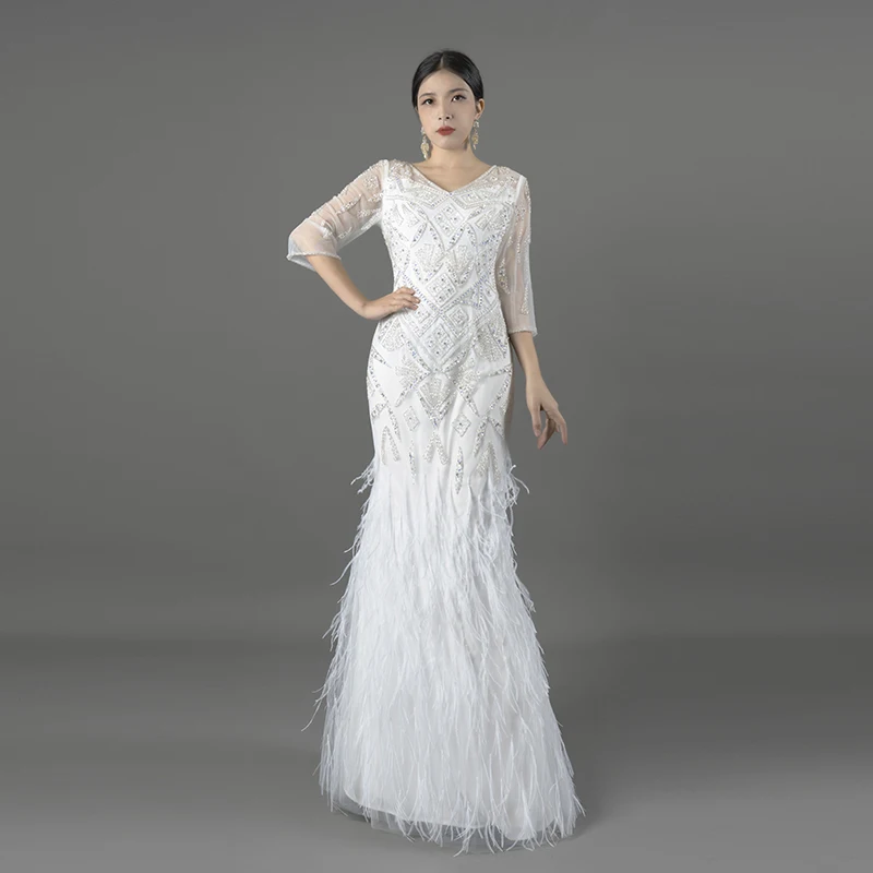 

Luxury Evening Dress with Feather Women Custom White Mermaid Gown for Special Occasions LM184