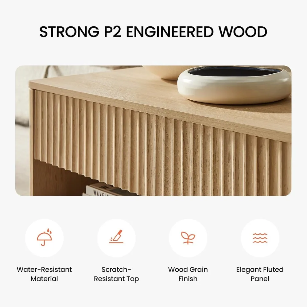 Coffee Table Fluted Lift Top, 35.2" Wood Table with Storage Shelf & Hidden Compartment, Modern Rectangle Center Table for