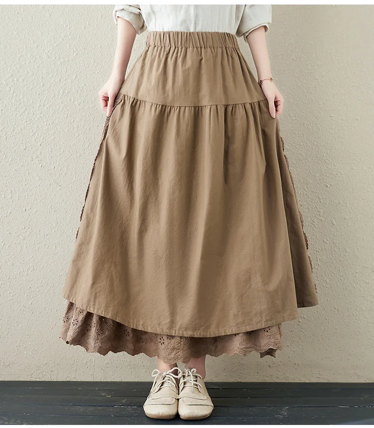 Rok bertali berlapis linen dengan sulaman tebal dan ikat pinggang elastis, sedang hingga panjang, desain A-line yang manis