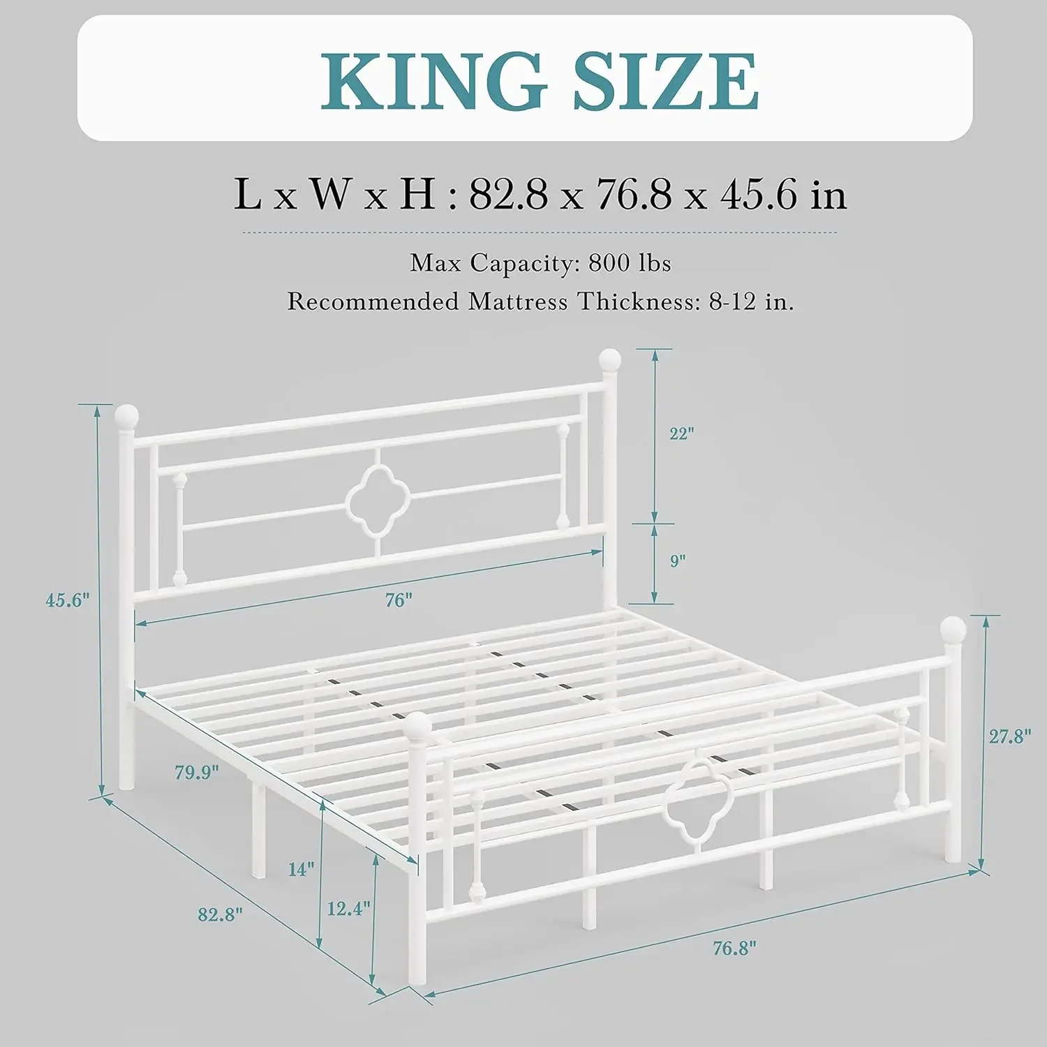 14 Inch King Size Metal Platform Bed Frame, Vintage Victorian Style, Wrought Iron Headboard and Footboard/Mattress Foundation.