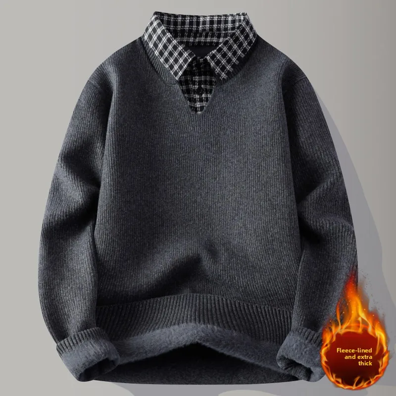 

Модная трикотажная кофта с флисовой подкладкой, имитация двойки, с воротником-рубашкой, осенне-зимняя новинка для подростков и мужчин, повседневная одежда