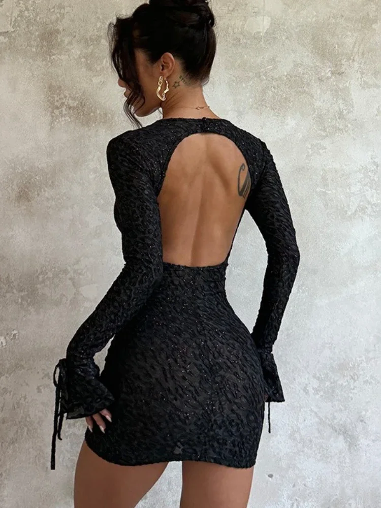 Minivestido brillante con estampado de leopardo y espalda descubierta, vestido Sexy ajustado de manga larga con cintura alta, vestido de fiesta a la moda, vestido ajustado para mujer 2025